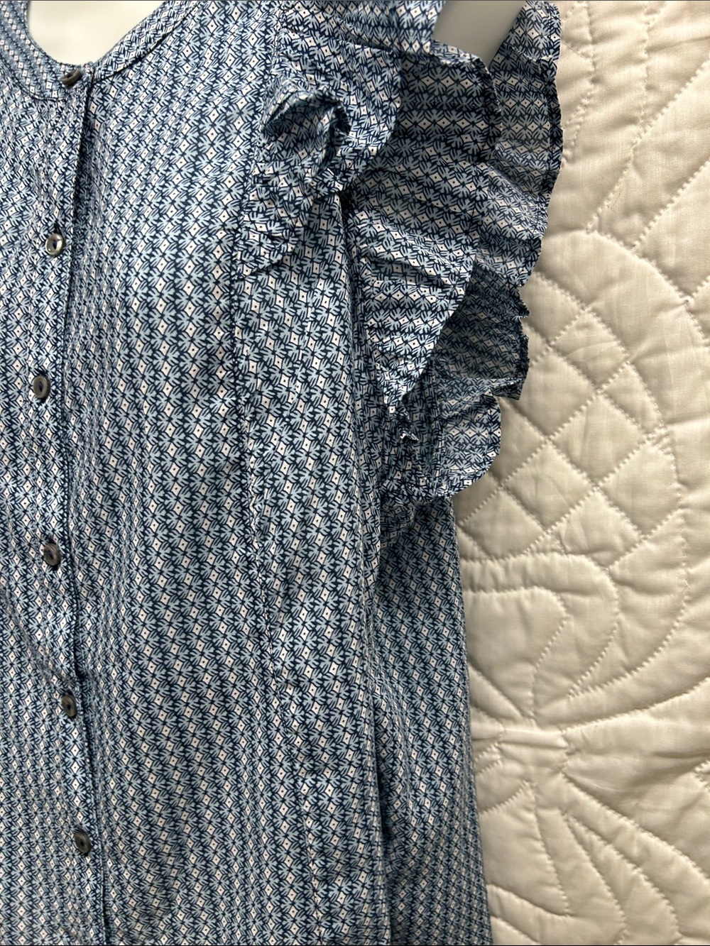 Vineyard Vines Blue Printed Ruffle-Sleeve Button Top - Picture 3 of 12